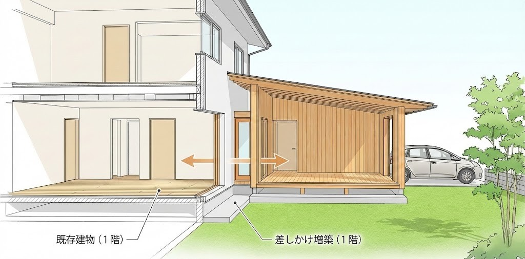 既存の建物の1階横に、木造の部屋を付け足して広げる「差しかけ増築」の断面図イラスト。既存部分と増築部分がフラットにつながり、行き来しやすい様子が矢印で示されている