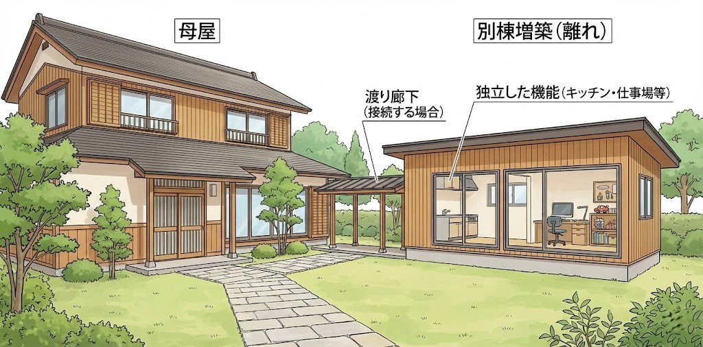 敷地内の庭のスペースに、母屋とは別の独立した「離れ」を増築したイラスト。母屋と離れが渡り廊下でつながり、プライバシーを確保しつつ生活空間を広げる「別棟増築」の配置イメージ