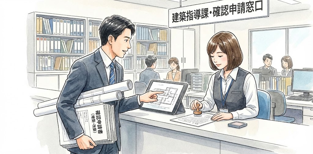増築・改築リフォームに必要な建築確認申請を、建築士が役所で行っている手続きのイメージ