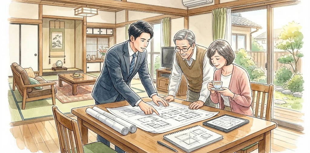 リフォーム会社の社員がリフォーム前のお施主様宅(戸建て)で図面を拡げて打ち合わせをしている様子