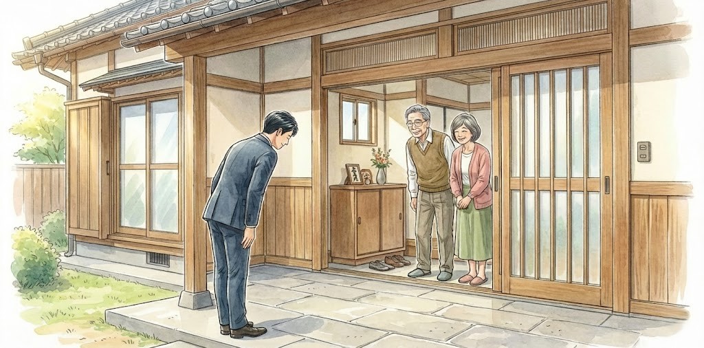 リフォーム会社の男性が、リフォームの打合せで、この夫婦の家を訪れたシーン