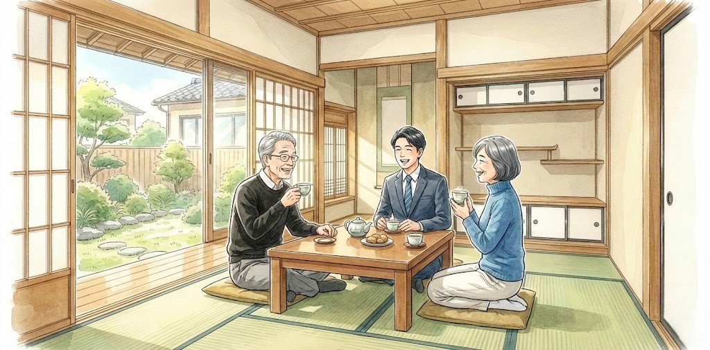 リフォーム後の住まいでリフォーム会社の担当者と60代の夫婦が談笑している様子