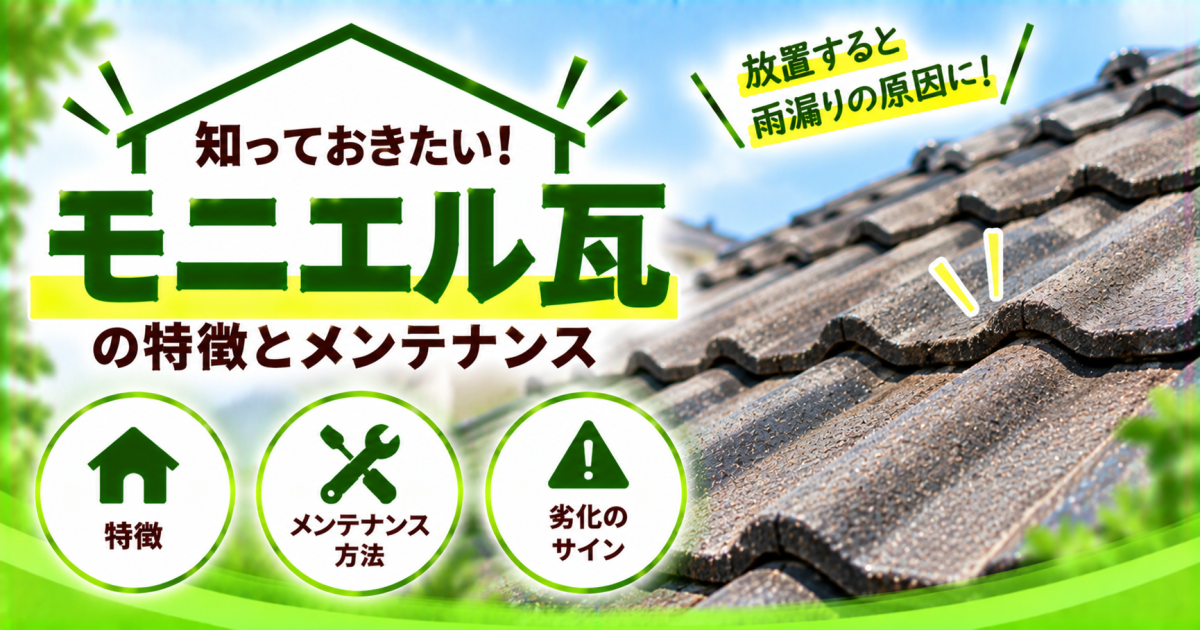 モニエル瓦について、屋根材の特徴やメンテナンス方法、劣化のサイン、放置による雨漏りリスクを解説するサムネイル画像