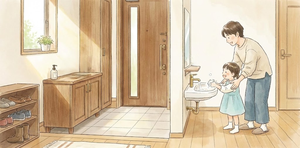 玄関に手洗い場が設置された家のイラスト