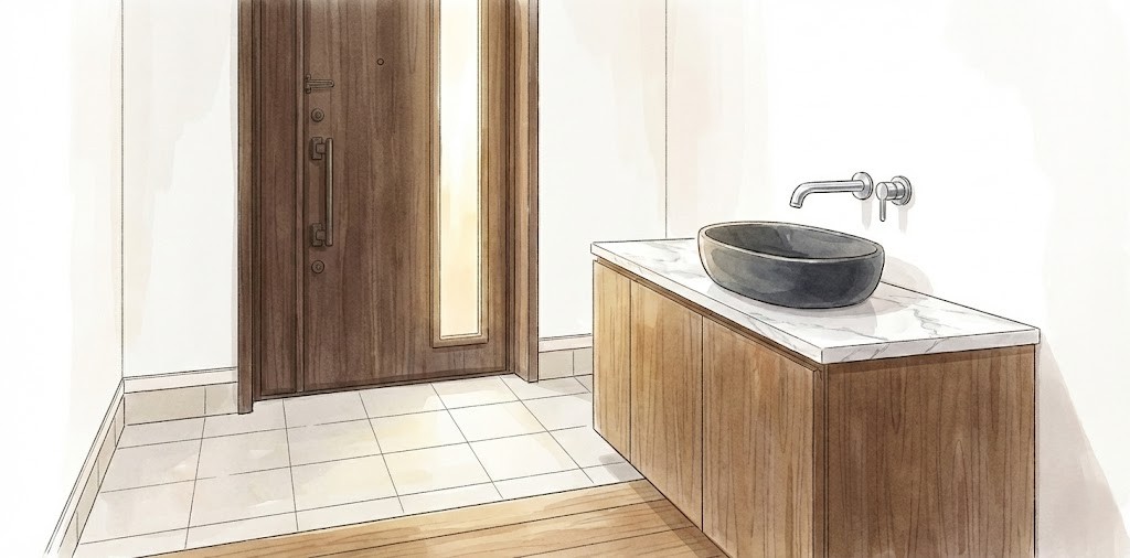 玄関ホールに増設したセカンド洗面台の事例イラスト