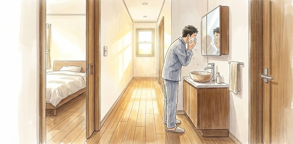 2階廊下へのセカンド洗面台増設事例。朝の身支度をする様子を描いたイメージイラスト