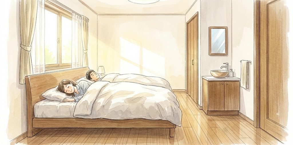 寝室へのセカンド洗面台増設リフォームの事例イメージ。就寝前後の身支度に便利な配置。