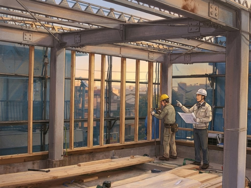 鉄骨造の戸建てをリフォームしている最中の写真。現場監督と作業員がいる