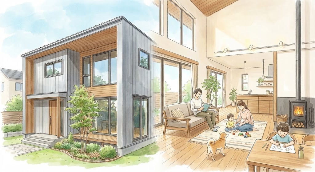 鉄骨造の洗練された戸建てで、快適に暮らしている家族のイラスト