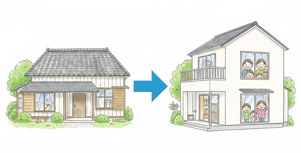 平屋の住宅を2階建てに増築したイラスト