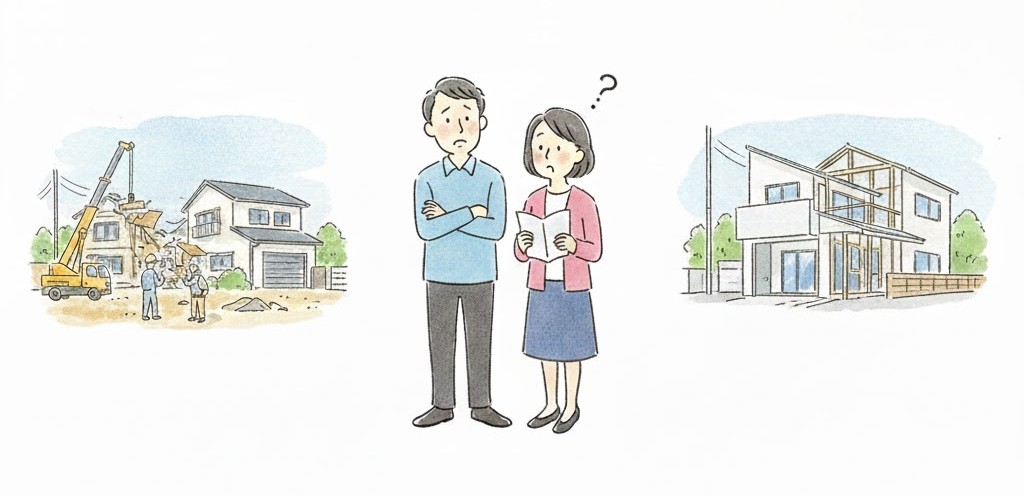 「建て替え」と「全面リフォーム」を比較検討している50代の夫婦のイラスト