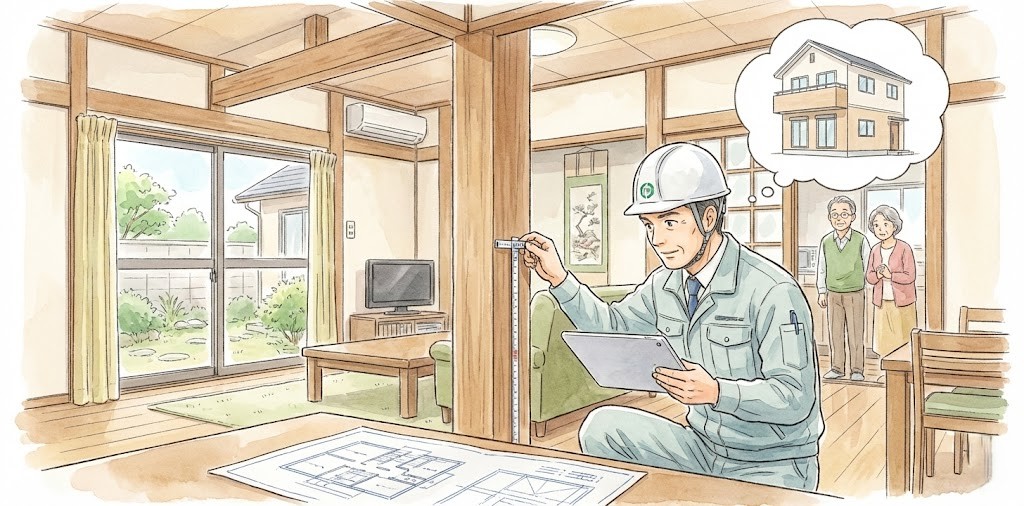 2階増築に備えて、専門スタッフが既存の1階部分の耐震強度や柱の構造を検査しているイラスト