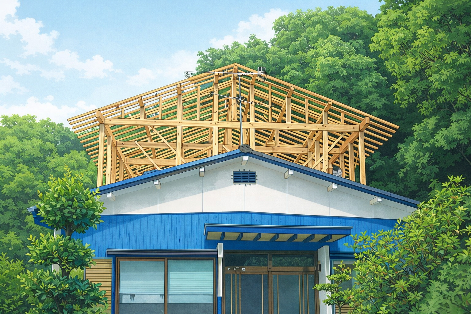 平屋住宅をリフォームで2階建てにする工事中のイラスト