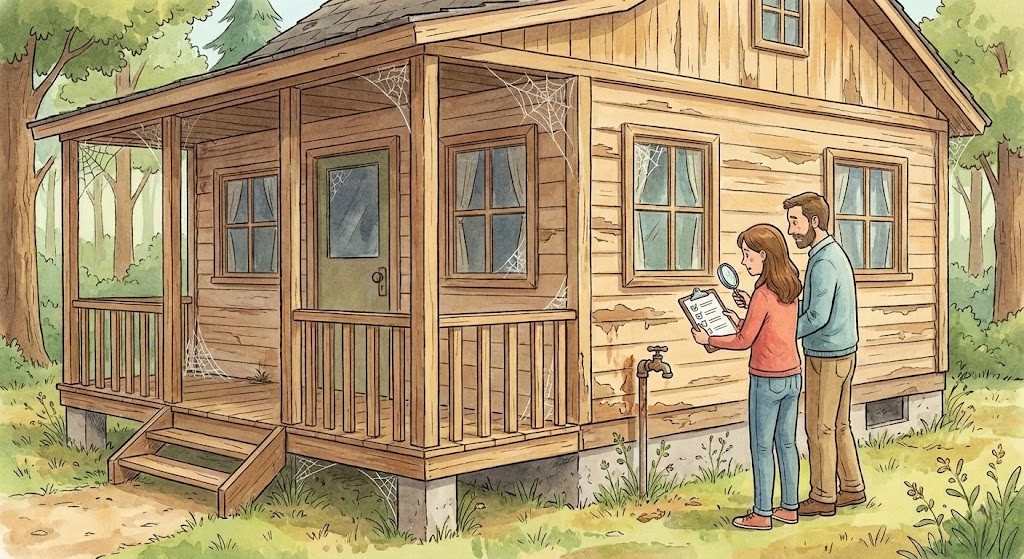 森の中にある、少し手入れが行き届いていない様子のログハウス別荘。その前で、クリップボードと虫眼鏡を持った男女のカップルが建物の外観を真剣に点検している水彩風イラスト。ポーチの軒下にはクモの巣が張っている