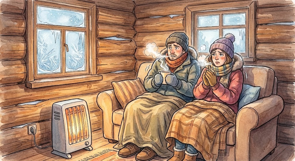 断熱性が不十分なログハウスの別荘で、厚着をして毛布にくるまり、白い息を吐きながら寒さに震えている夫婦の水彩風イラスト。小さな電気ストーブが置かれているが、部屋は暖まっていない様子