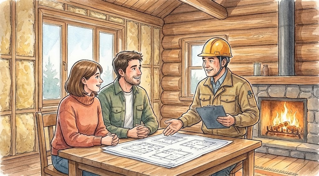 水彩画風のイラスト。ログハウスの室内で、夫婦が作業着とヘルメット姿の工務店担当者とテーブルに広げた図面を見ながらリフォームの打ち合わせをしている。暖炉には火が入り、穏やかな雰囲気