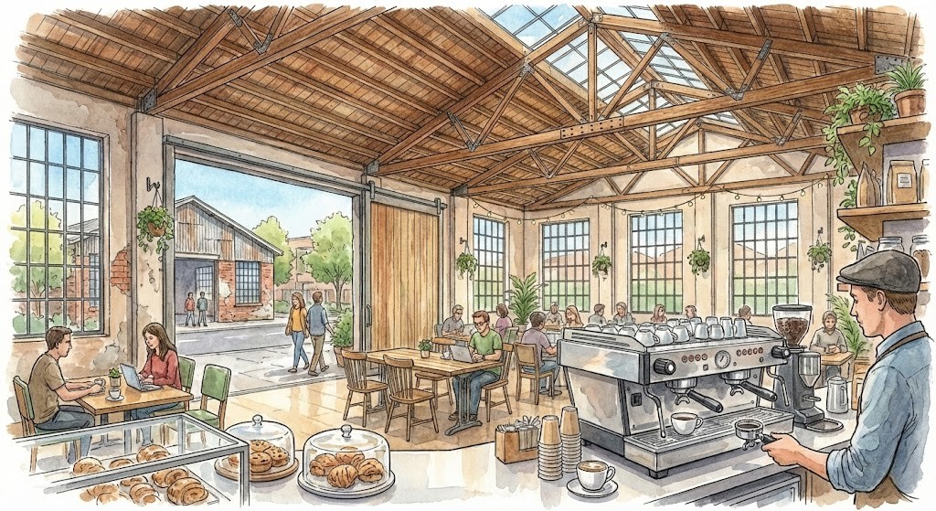 倉庫をリノベーションしてカフェにした事例のイラスト内観