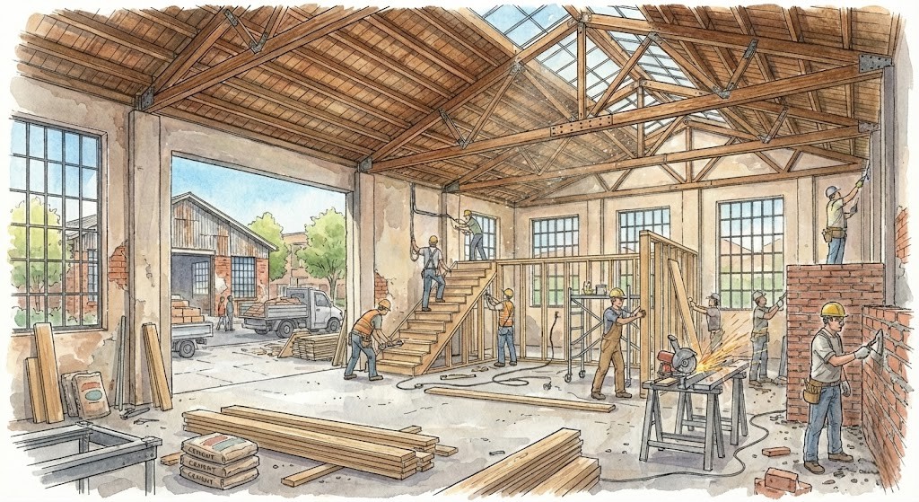 高い木造トラス天井と天窓がある倉庫の内部で、カフェへのリノベーション工事が行われている様子の水彩イラスト。ヘルメットを着用した複数の作業員が、壁のフレーム組み立て、階段の設置、レンガ積み、火花を散らしての金属切断などの建設作業に従事しており、床には木材やセメント袋などの建築資材が置かれている。