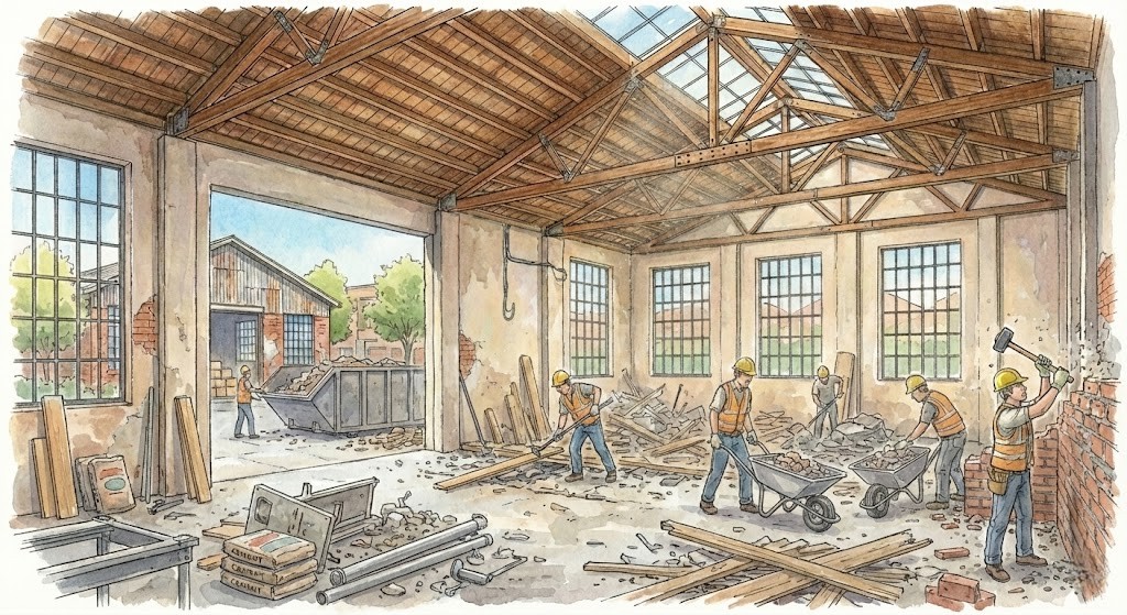 木造トラス天井と天窓がある古い倉庫の内部で、リノベーションに向けた解体工事が行われている様子の水彩イラスト。ヘルメットを着用した作業員たちが、ハンマーでレンガ壁を壊したり、バールで床材を剥がしたり、瓦礫を手押し車で運んだりしている。床には木材やコンクリート片が散乱し、開口部の外には廃棄物用のコンテナが見える。