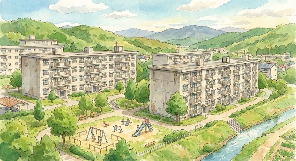 郊外にある団地のイラスト