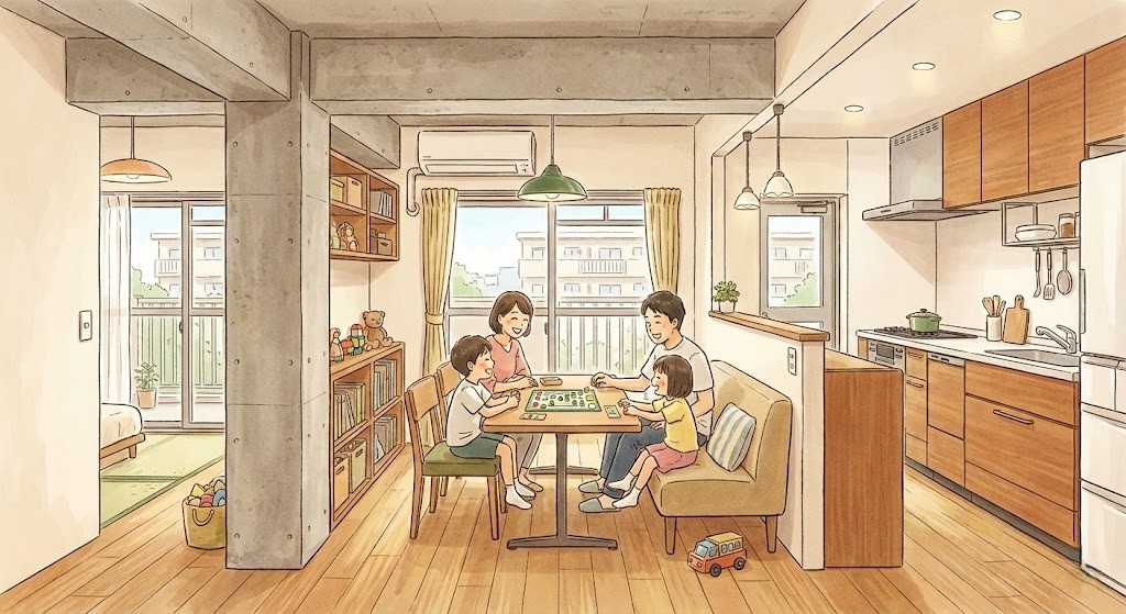 団地の一室をフルリフォームした。家族は4人。65㎡。少し手狭だが、リフォームした団地の室内でわきあいあいと過ごしている家族のイラスト
