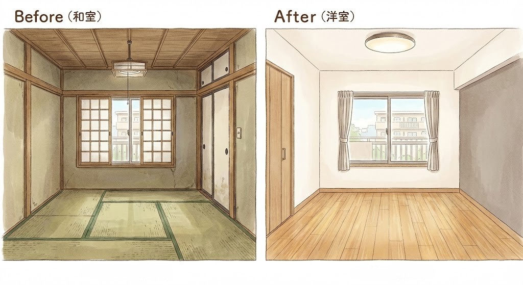 和室→洋室をBefore→Afterで表したイラスト
