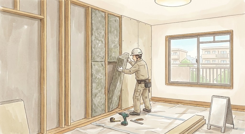 団地リフォームで、隣人への防音対策工事をしている施工中のイラスト