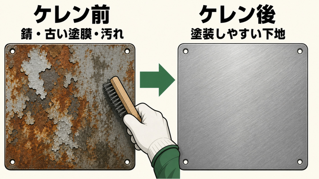 ケレン前の金属面にある錆・古い塗膜・汚れをワイヤーブラシで除去し、塗装しやすい下地へ整える流れを示した図