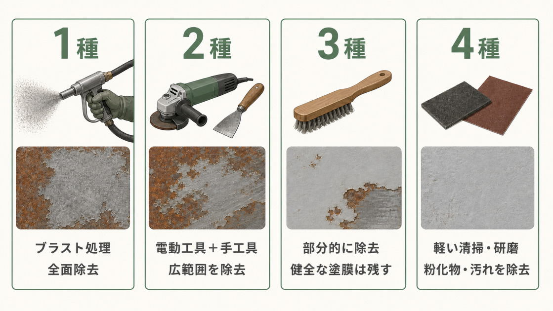 1種はブラスト処理で全面除去、2種は電動工具と手工具で広範囲を除去、3種は部分除去、4種は軽い清掃と研磨を行う違いを示した図