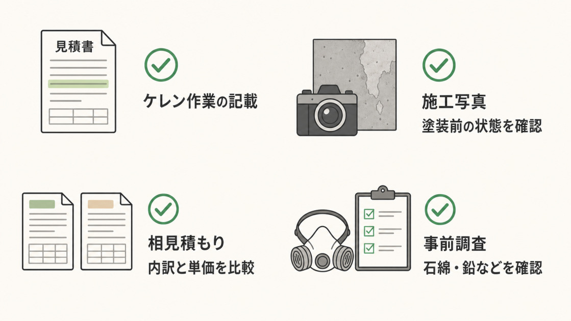 見積書のケレン作業記載、施工写真、相見積もり、石綿や鉛などの事前調査を業者依頼時の確認点として示した図