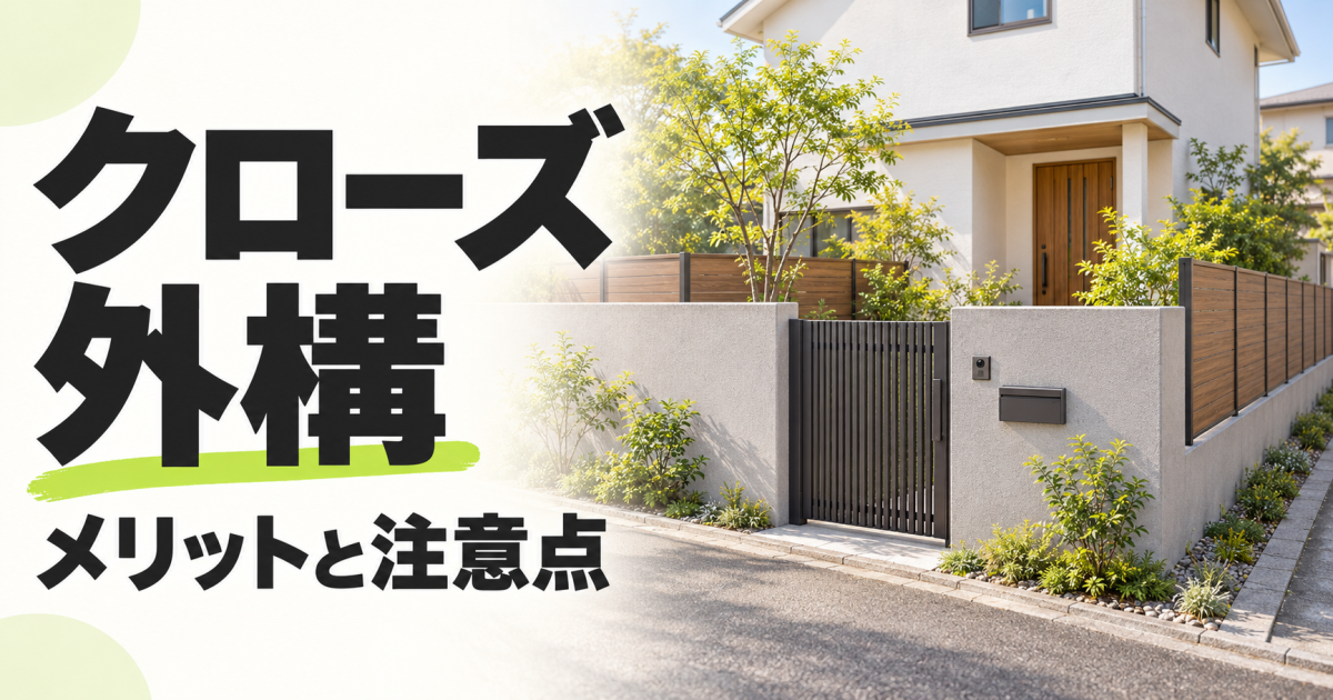 閉じた門扉と塀、木目調の目隠しフェンスで住宅の敷地を囲ったクローズ外構。「クローズ外構 メリットと注意点」の文字を配置したサムネイル