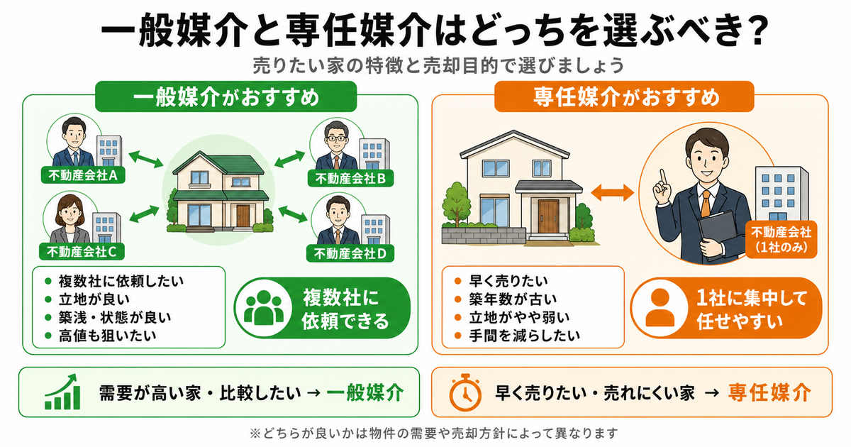 一般媒介と専任媒介はどっちを選ぶべきかを比較した図解。左側では一般媒介がおすすめのケースとして、複数の不動産会社に依頼したい、立地が良い、築浅・状態が良い、高値も狙いたい場合を示し、複数社に依頼できることを説明している。右側では専任媒介がおすすめのケースとして、早く売りたい、築年数が古い、立地がやや弱い、手間を減らしたい場合を示し、1社に集中して任せやすいことを説明している。下部では、需要が高い家や比較したい場合は一般媒介、早く売りたい家や売れにくい家は専任媒介が向いているとまとめている。
