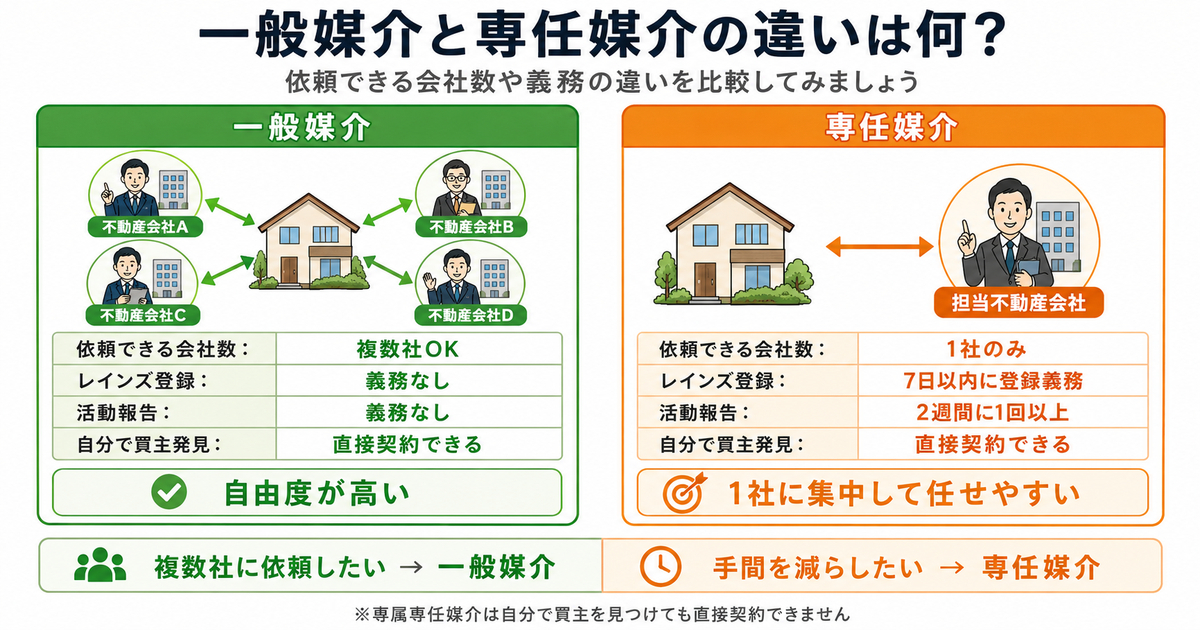 一般媒介と専任媒介の違いを比較した図解。上部に「一般媒介と専任媒介の違いは何？」というタイトルと、「依頼できる会社数や義務の違いを比較してみましょう」という説明文がある。画像は左右2カラム構成で、左が緑色の一般媒介、右がオレンジ色の専任媒介。左の一般媒介では、中央の一戸建て住宅のイラストが4つの不動産会社A・B・C・Dと矢印でつながっており、複数の不動産会社に依頼できることを表している。下の比較表には、依頼できる会社数は「複数社OK」、レインズ登録は「義務なし」、活動報告は「義務なし」、自分で買主発見は「直接契約できる」とある。さらに「自由度が高い」とまとめられている。右の専任媒介では、一戸建て住宅と1人の担当不動産会社が矢印でつながっており、1社のみに依頼する形を表している。下の比較表には、依頼できる会社数は「1社のみ」、レインズ登録は「7日以内に登録義務」、活動報告は「2週間に1回以上」、自分で買主発見は「直接契約できる」とある。さらに「1社に集中して任せやすい」とまとめられている。最下部には、左に「複数社に依頼したい → 一般媒介」、右に「手間を減らしたい → 専任媒介」という結論が示され、注記として「専属専任媒介は自分で買主を見つけても直接契約できません」と書かれている。一般媒介と専任媒介の違いを、依頼先の数、レインズ登録義務、活動報告義務、自由度、向いているケースの観点で比較した画像。