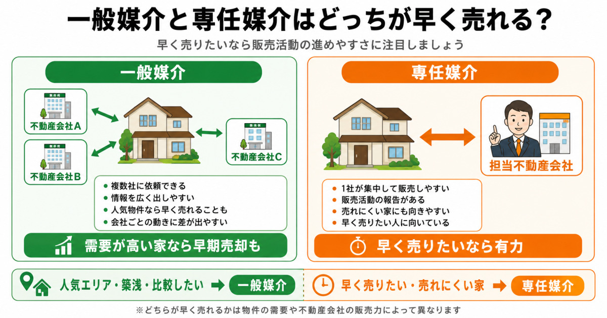 一般媒介と専任媒介はどっちが早く売れるかを比較した図解。上部に「一般媒介と専任媒介はどっちが早く売れる？」というタイトルと、「早く売りたいなら販売活動の進めやすさに注目しましょう」という説明文がある。画像は左右2カラム構成で、左が緑色の一般媒介、右がオレンジ色の専任媒介。左の一般媒介では、一戸建て住宅の周囲に不動産会社A・B・Cの建物イラストが配置され、住宅と各社が矢印でつながっている。一般媒介は複数社に依頼できるため、物件情報を広く出しやすく、人気物件なら早く売れることもある一方で、会社ごとの動きに差が出やすいことを示している。下部には「需要が高い家なら早期売却も」と書かれている。右の専任媒介では、一戸建て住宅と担当不動産会社のイラストが太い矢印でつながっており、1社が集中して販売活動を進めることを表している。専任媒介は販売活動の報告があり、売れにくい家にも向きやすく、早く売りたい人に向いていることを示している。下部には「早く売りたいなら有力」と書かれている。最下部には、人気エリア・築浅・比較したい場合は一般媒介、早く売りたい・売れにくい家の場合は専任媒介という選び方がまとめられている。注記として「どちらが早く売れるかは物件の需要や不動産会社の販売力によって異なります」と記載されている。