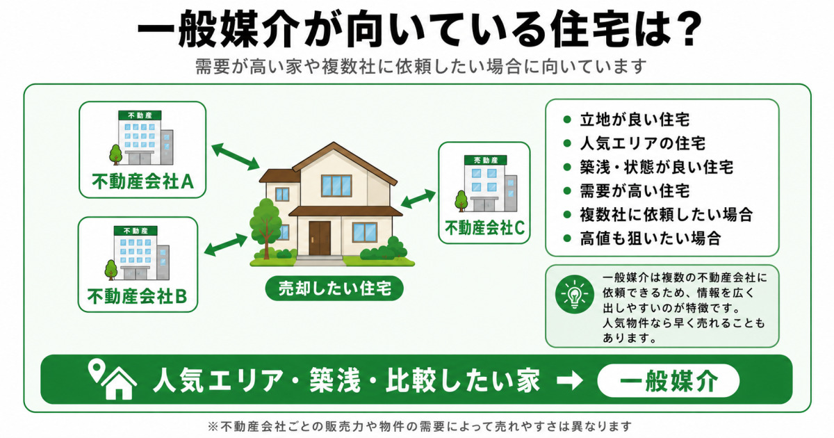 一般媒介が向いている住宅の特徴を説明した図解。上部に「一般媒介が向いている住宅は？」というタイトルと、「需要が高い家や複数社に依頼したい場合に向いています」という説明文がある。中央には「売却したい住宅」と書かれた一戸建て住宅のイラストがあり、その周囲に不動産会社A、不動産会社B、不動産会社Cの建物イラストが配置され、住宅と各不動産会社が緑色の矢印でつながっている。これは、一般媒介では複数の不動産会社に依頼できることを表している。右側のチェックリストには、一般媒介が向いている住宅として、立地が良い住宅、人気エリアの住宅、築浅・状態が良い住宅、需要が高い住宅、複数社に依頼したい場合、高値も狙いたい場合が挙げられている。右下の説明欄では、一般媒介は複数の不動産会社に依頼できるため、情報を広く出しやすく、人気物件なら早く売れることもあると説明している。下部には「人気エリア・築浅・比較したい家 → 一般媒介」と大きくまとめられている。注記として、不動産会社ごとの販売力や物件の需要によって売れやすさは異なると記載されている。
