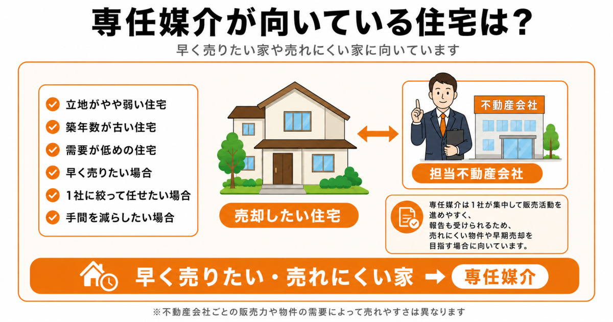 専任媒介が向いている住宅の特徴を説明した図解。上部に「専任媒介が向いている住宅は？」という大きなタイトルと、「早く売りたい家や売れにくい家に向いています」という説明文がある。画像全体はオレンジ色を基調とした構成で、中央に「売却したい住宅」と書かれた一戸建て住宅のイラストがあり、その右側に担当不動産会社の男性スタッフと不動産会社の建物のイラストが配置され、住宅と担当不動産会社が両矢印で結ばれている。これは、専任媒介では1社に絞って販売活動を任せることを表している。左側のチェックリストには、専任媒介が向いている住宅や条件として、立地がやや弱い住宅、築年数が古い住宅、需要が低めの住宅、早く売りたい場合、1社に絞って任せたい場合、手間を減らしたい場合、の6項目が並んでいる。右下の説明欄には、専任媒介は1社が集中して販売活動を進めやすく、報告も受けられるため、売れにくい物件や早期売却を目指す場合に向いていると書かれている。下部の大きな帯には、家と時計のアイコンとともに「早く売りたい・売れにくい家 → 専任媒介」と大きくまとめられている。最下部には、不動産会社ごとの販売力や物件の需要によって売れやすさは異なるという注記がある。専任媒介が向いている住宅、専任媒介の特徴、1社に任せるメリットを視覚的に整理した比較・説明画像。