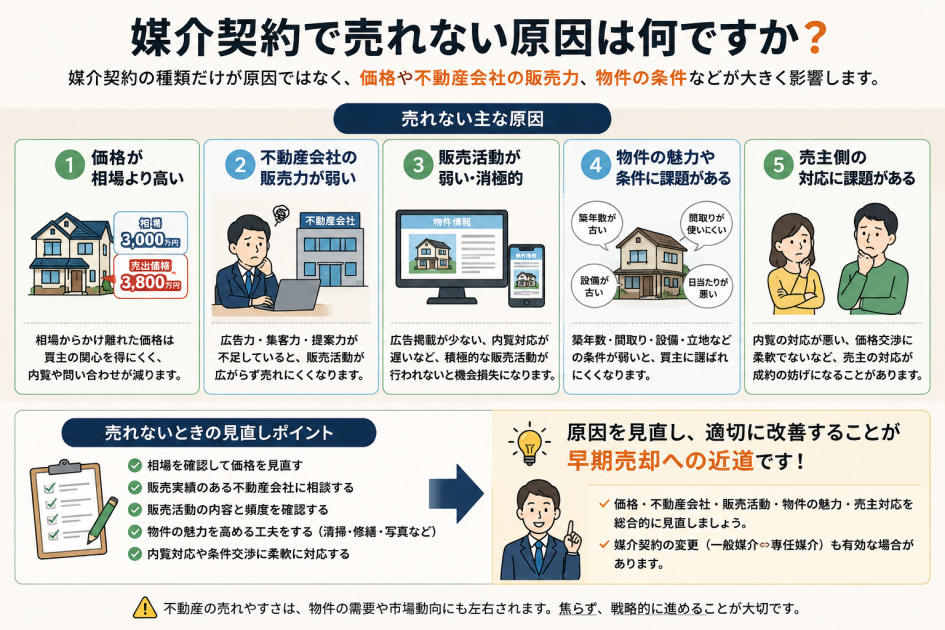 媒介契約で売れない原因を説明した図解。上部に「媒介契約で売れない原因は何ですか？」というタイトルがあり、その下に「媒介契約の種類だけが原因ではなく、価格や不動産会社の販売力、物件の条件などが大きく影響します」と説明されている。中央には「売れない主な原因」として5つの原因が横並びで示されている。1つ目は「価格が相場より高い」で、相場価格3,000万円に対して売出価格3,800万円の住宅例が描かれ、相場からかけ離れた価格は買主の関心を得にくく、内覧や問い合わせが減ると説明している。2つ目は「不動産会社の販売力が弱い」で、担当者が悩んでいる様子と不動産会社の建物が描かれ、広告力・集客力・提案力が不足していると販売活動が広がらず売れにくくなると説明している。3つ目は「販売活動が弱い・消極的」で、物件情報が掲載されたパソコンとスマートフォンが描かれ、広告掲載が少ない、内覧対応が遅いなどの消極的な販売活動は機会損失につながると説明している。4つ目は「物件の魅力や条件に課題がある」で、築年数が古い、間取りが使いにくい、設備が古い、日当たりが悪いといった吹き出し付きの住宅が描かれ、築年数・間取り・設備・立地などの条件が弱いと買主に選ばれにくくなると説明している。5つ目は「売主側の対応に課題がある」で、悩む売主の人物イラストが描かれ、内覧対応が悪い、価格交渉に柔軟でないなど、売主の対応が成約の妨げになることがあると説明している。下部には「売れないときの見直しポイント」として、相場を確認して価格を見直す、販売実績のある不動産会社に相談する、販売活動の内容と頻度を確認する、物件の魅力を高める工夫をする、内覧対応や条件交渉に柔軟に対応する、というチェック項目がある。右下には、原因を見直し適切に改善することが早期売却への近道であり、価格・不動産会社・販売活動・物件の魅力・売主対応を総合的に見直すこと、媒介契約の変更も有効な場合があることが示されている。媒介契約で売れない原因と、売却活動を改善するための見直しポイントをまとめた画像。