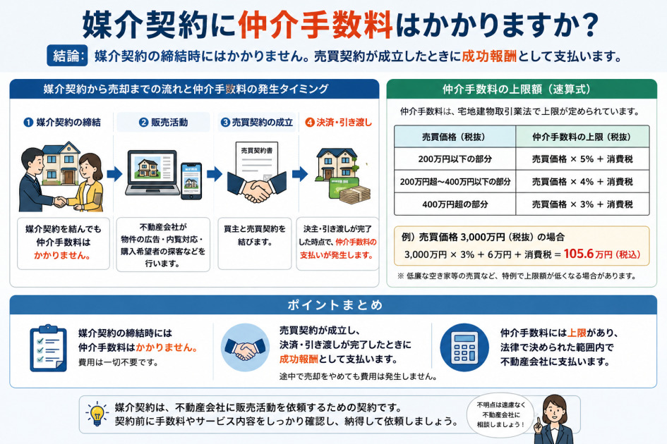 媒介契約に仲介手数料はかかるのかを説明した図解。上部に「媒介契約に仲介手数料はかかりますか？」というタイトルがあり、結論として「媒介契約の締結時にはかかりません。売買契約が成立したときに成功報酬として支払います」と示されている。左側には、媒介契約から売却までの流れと仲介手数料の発生タイミングが4ステップで描かれている。1つ目は「媒介契約の締結」で、不動産会社と売主が契約する場面が描かれ、媒介契約を結んでも仲介手数料はかからないと説明している。2つ目は「販売活動」で、不動産会社が物件の広告、内覧対応、購入希望者の探索などを行うことが示されている。3つ目は「売買契約の成立」で、買主と売主が売買契約を結ぶ場面が描かれている。4つ目は「決済・引き渡し」で、決済と引き渡しが完了した時点で仲介手数料の支払いが発生すると説明している。右側には「仲介手数料の上限額（速算式）」として、売買価格200万円以下の部分は売買価格の5％、200万円超から400万円以下の部分は4％、400万円超の部分は3％が上限であることが表で示されている。例として、売買価格3,000万円の場合は、3,000万円×3％＋6万円＋消費税で105.6万円（税込）と計算例が掲載されている。下部のポイントまとめでは、媒介契約の締結時には仲介手数料はかからず費用は不要であること、売買契約が成立し決済・引き渡しが完了したときに成功報酬として支払うこと、仲介手数料には法律で定められた上限があることが説明されている。最後に、媒介契約は不動産会社に販売活動を依頼するための契約であり、契約前に手数料やサービス内容を確認して納得して依頼するよう促している。媒介契約、仲介手数料、成功報酬、売買契約成立、仲介手数料の上限額について整理した画像。