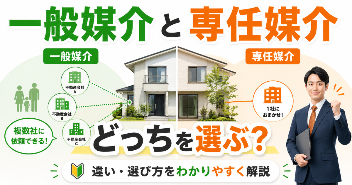 一般媒介と専任媒介の違いと選び方を説明する記事のサムネイル画像。中央に売却対象の一戸建て住宅が大きく配置され、左側には緑色で一般媒介、右側にはオレンジ色で専任媒介が対比されている。左側の一般媒介では、複数の不動産会社A・B・Cから住宅へ点線の矢印が伸びており、複数社に依頼できることを表している。右側の専任媒介では、担当不動産会社に1社だけ任せるイメージとして、不動産会社のアイコンと営業担当者の人物イラストが描かれている。画像上部には「一般媒介と専任媒介」、中央下部には大きく「どっちを選ぶ？」と書かれ、下部には「違い・選び方をわかりやすく解説」と記載されている。一般媒介と専任媒介の比較、媒介契約の違い、不動産売却時の選び方を視覚的に伝えるキャッチーなサムネイル画像。
