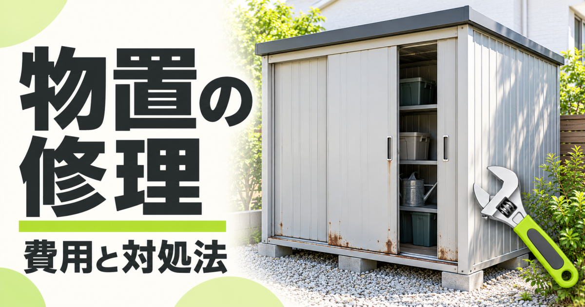 扉の下部にサビがある金属製の物置と、黄緑色の柄のレンチ。「物置の修理 費用と対処法」の文字を配置したサムネイル