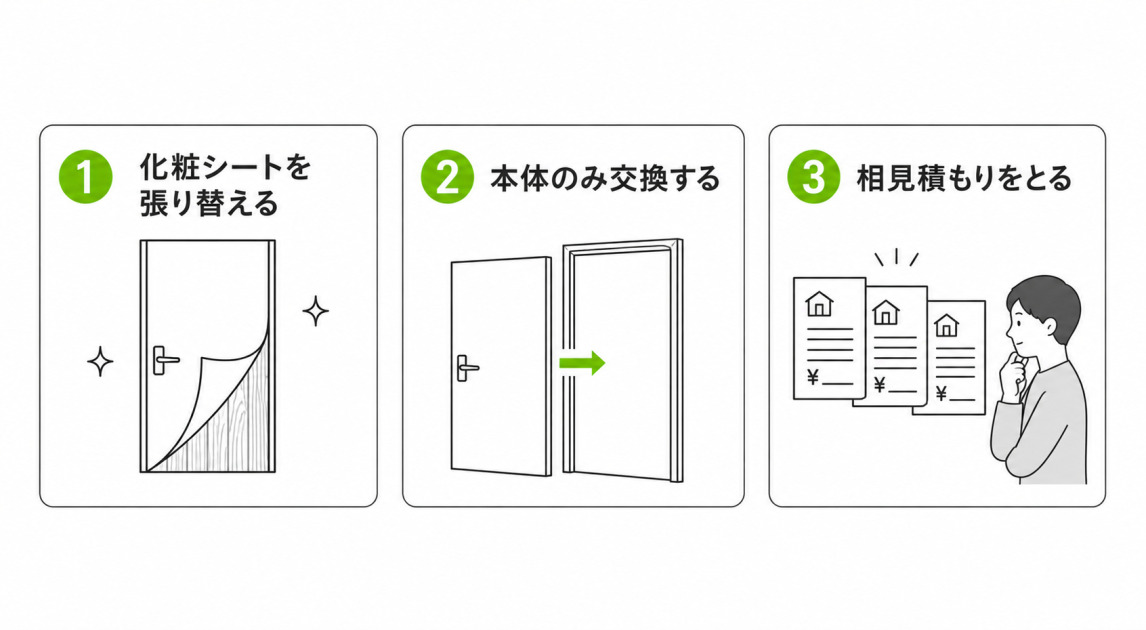 室内ドアリフォームの費用を安くする3つの方法を示した図。化粧シートの張り替え、本体のみ交換、相見積もりの3つを並べている。