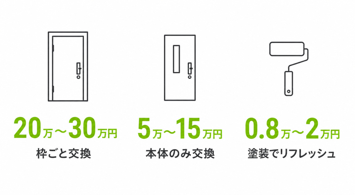 室内ドアリフォームの費用相場を工事内容別に示した図。枠ごと交換20万〜30万円、本体のみ交換5万〜15万円、塗装0.8万〜2万円。