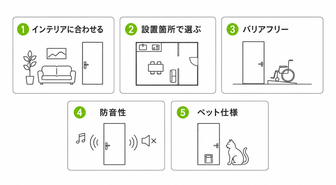 室内ドアを選ぶ5つのポイントを示した図。インテリアとの調和、設置箇所、バリアフリー、防音性、ペット仕様の5項目を整理している。