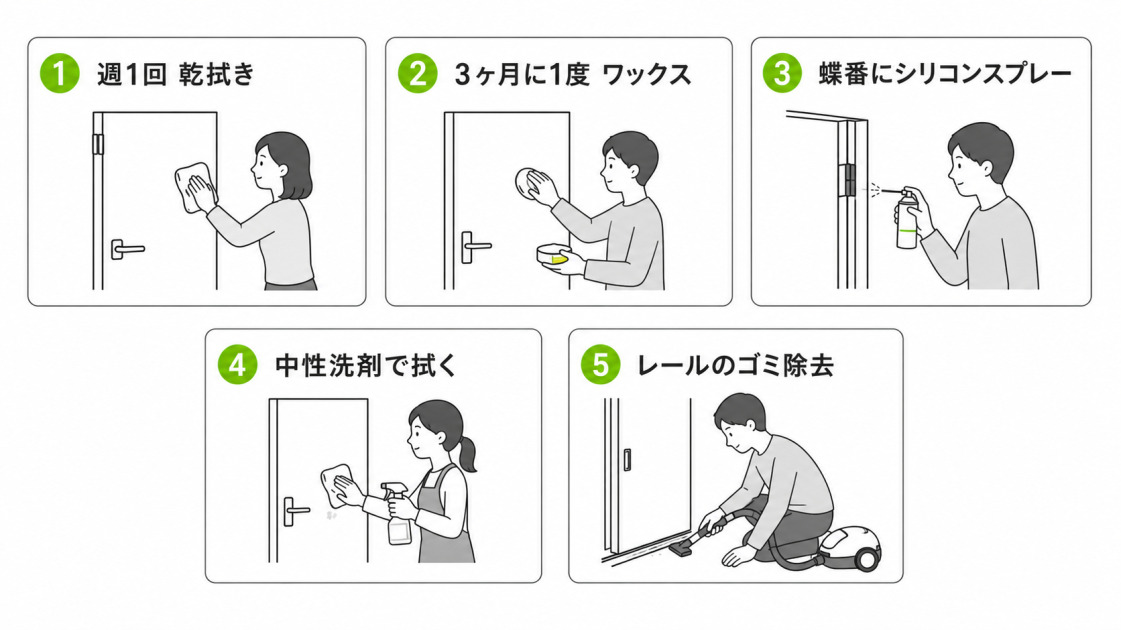 室内ドアのメンテナンス方法5つを示した図。乾拭き、ワックスがけ、蝶番へのシリコンスプレー、中性洗剤拭き、レール清掃を人物イラストで整理している。