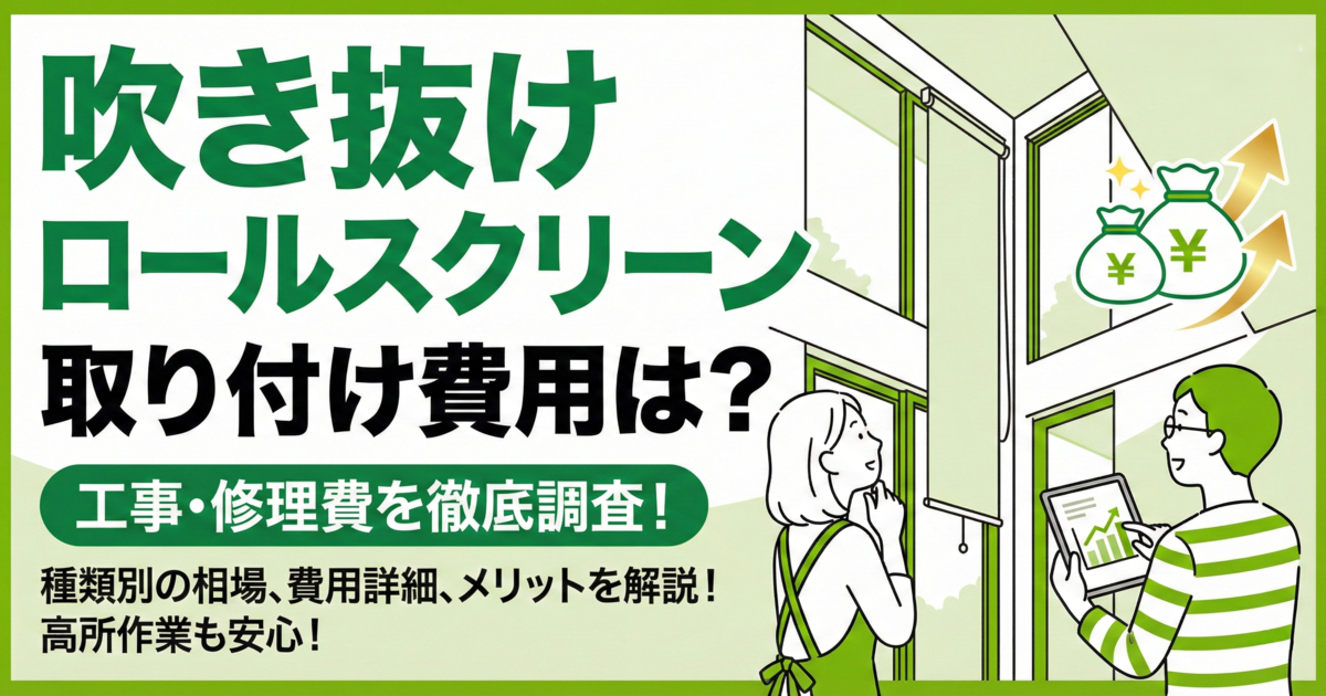 ハピすむのリフォーム記事アイキャッチ画像。吹き抜けの高い窓にロールスクリーンが設置されたイラストで、女性が見上げ、男性がタブレットで費用を提示している。「吹き抜け ロールスクリーン 取り付け費用は？」というタイトルで、種類別の相場、費用詳細、高所作業のメリットなどを解説する記事内容を表現している。