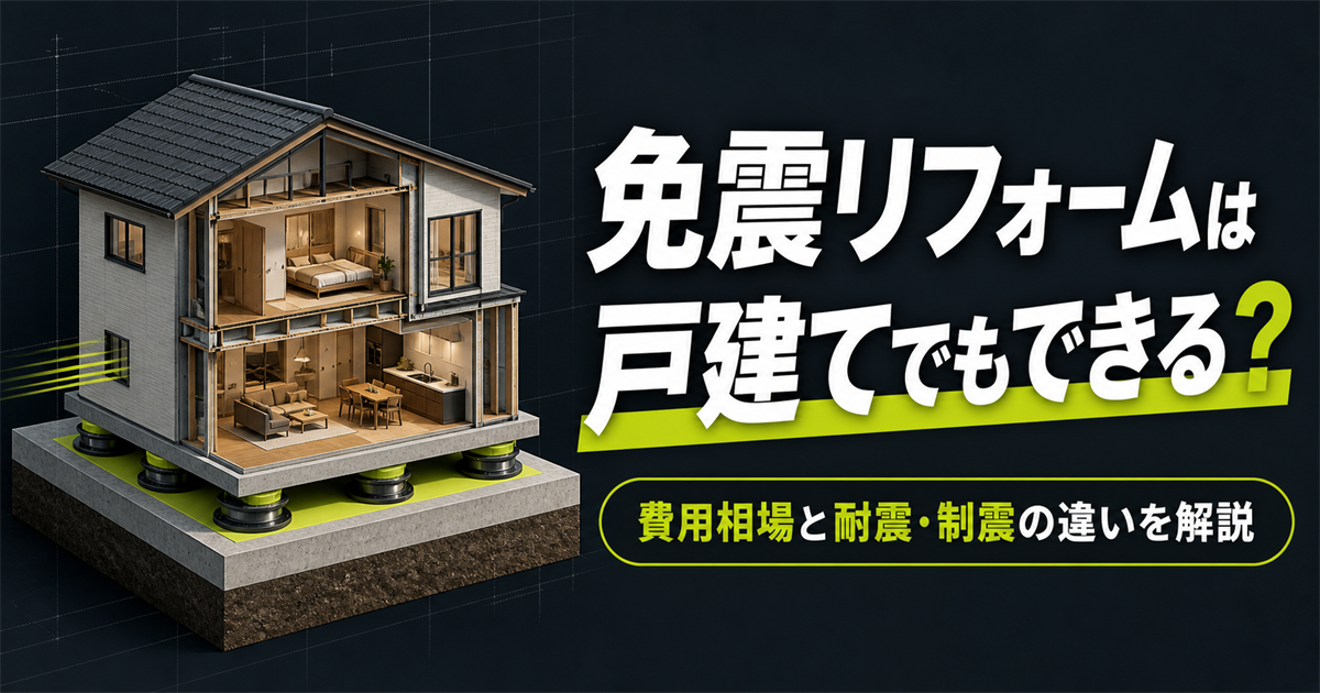 免震装置を基礎に設置した戸建て住宅の断面模型と「免震リフォームは戸建てでもできる？」の文字