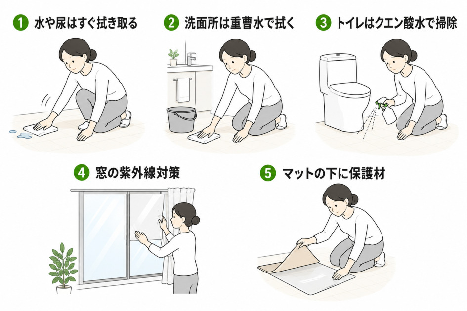 クッションフロアの黄ばみを予防する5つの方法の図。水や尿の拭き取り、重曹水掃除、クエン酸水掃除、窓の紫外線対策、マット下の保護材という日常の習慣を並べて示す