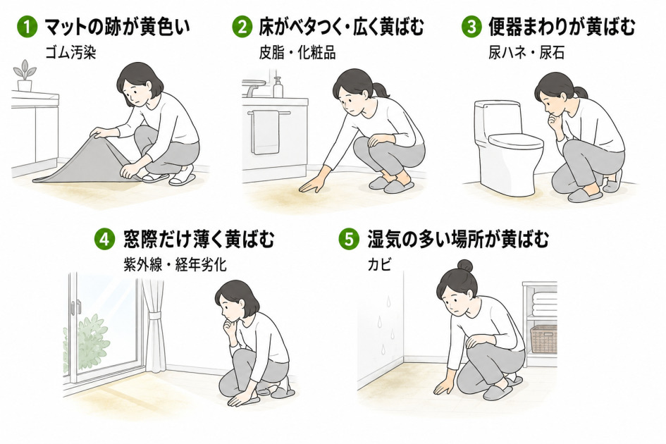 クッションフロアの黄ばみの症状から原因を特定する図。マット跡はゴム汚染、ベタつきは皮脂、便器周りは尿石、窓際は紫外線、湿気はカビと5分類で示す