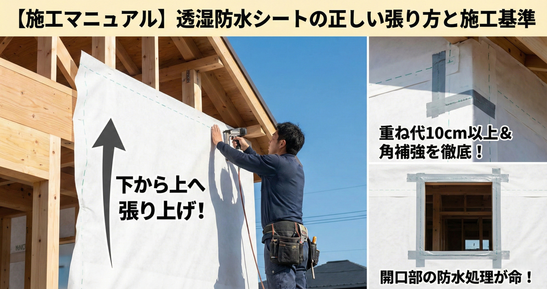 【施工マニュアル】透湿防水シートの正しい張り方と施工基準のサムネイル画像。メインは職人がシートを下から上へタッカーで留める様子。右側には「重ね代10cm以上＆角補強を徹底！」「開口部の防水処理が命！」の施工詳細写真と文字が配置されている。