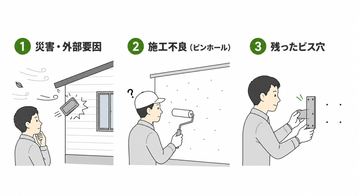 外壁に穴ができる3つの原因の図解。台風や地震などの災害・外部要因、塗装の施工不良によるピンホール、設備を外した後に残るビス穴を並べて紹介。